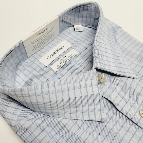 Calvin Klein STEEL+ Slim-Fit Non-Iron Stretch Blue Check Dress Shirt 17 32/33 XL - Picture 11 of 14
